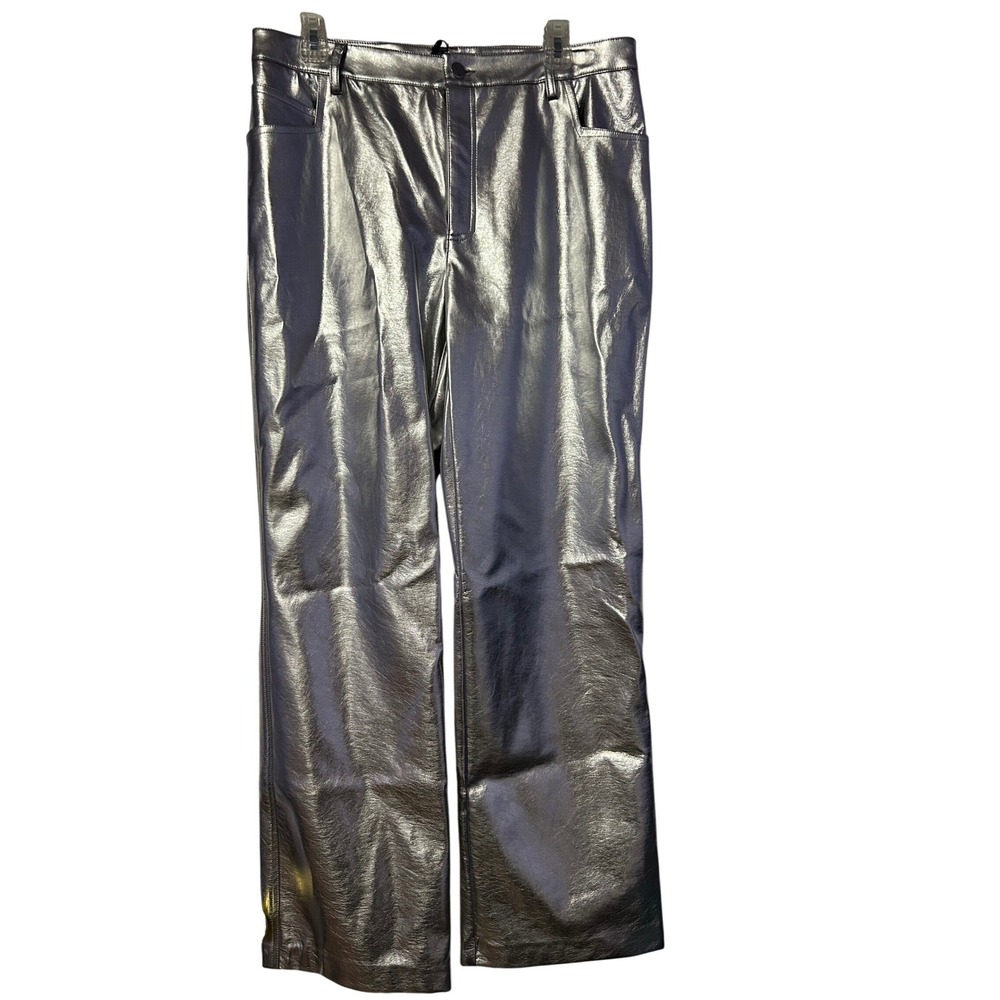 Gianni Bini Silver Metallic Faux Leather Straight Leg High Rise Pants Womens 32
